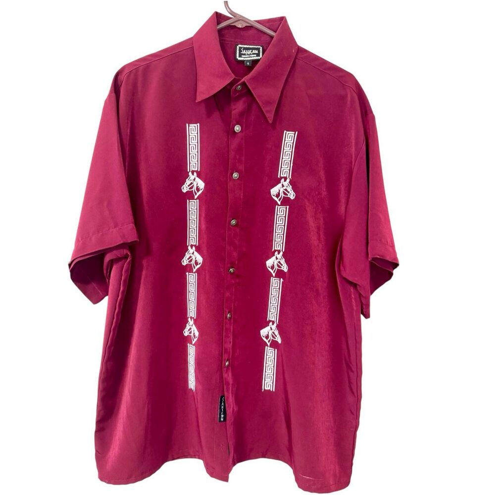 Saxifon Embroidered Horses Maroon Short Sleeve Button Up‎ Shirt Size Large